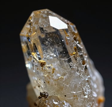 Macro photography of a beautiful raw crystal being touched by a soft light, casting muted gold reflections. Symbolizes the process of 'Lapidar' (polishing/refining).