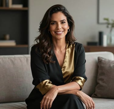 A portrait of a confident and warm South American / Brazilian woman sitting in a modern, minimalist living room. She is wearing elegant, simple clothing in soft black and muted gold. She looks directly at the camera with an inviting and authoritative smile.