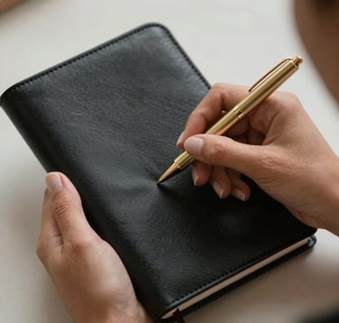 Close-up of a South American / Brazilian woman's hand holding a muted gold pen, writing in a premium charcoal black leather journal. Soft shadows, elegant and focused atmosphere.