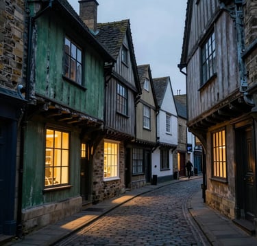A narrow medieval cobbled street in a Northern European / British / Yorkshire city at twilight. Timber-framed buildings lean inward, illuminated by warm yellow light from small shop windows, featuring soft mist green and deep slate shadows.