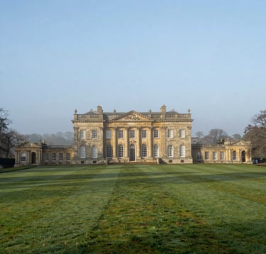 An expansive view of a grand limestone stately home with classical columns, situated in lush Northern European / British / Yorkshire parkland. The scene is bright and airy with mist green lawns and a clear Yorkshire mist sky.