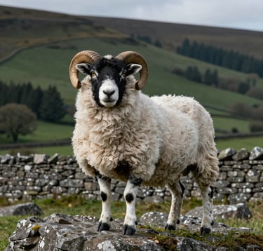 A majestic Swaledale sheep with its characteristic black face and curled horns, standing proudly on a rocky outcrop. In the background, a traditional Northern European / British / Yorkshire dry stone wall and rolling dark forest green hills stretch to the horizon.
