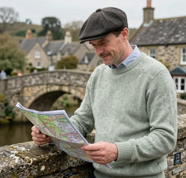 A portrait of a man in his 40s wearing a flat cap and a woolly sweater in soft sage. He is standing by a historic stone bridge in a Northern European / British / Yorkshire village, looking at a paper map with a friendly, helpful expression. The lighting is soft and natural.