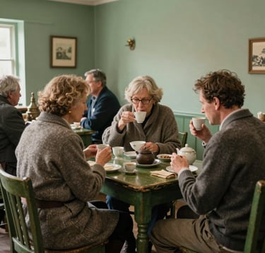 A lifestyle photograph of a traditional local tea room in a Northern European / British / Yorkshire town. Customers in classic wool attire enjoy tea. The interior features soft sage green walls and dark moss green wooden furniture. Warm, trustworthy atmosphere.