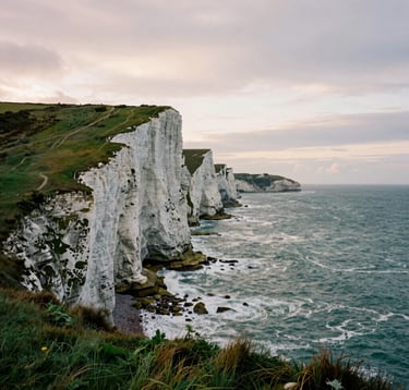 Coastal landscape photography of the rugged cliffs at Flamborough Head. The dark moss green sea crashes against white chalk cliffs. The sky is a pale mist white with streaks of muted leaf green at sunset. Northern European / British / Yorkshire coastline.
