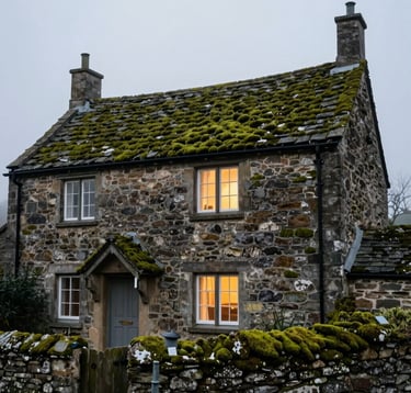 A traditional stone-built holiday cottage with a warm light in the window at dusk in a Northern European / British / Yorkshire village. Moss-covered stone walls in shades of dark moss green. Pale mist white sky.