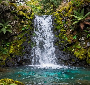 A close-up photography of Janet's Foss waterfall in the Yorkshire Dales. The water cascades gently into a clear turquoise pool surrounded by lush soft sage green moss and dark forest green ferns. Bright, natural daylight filters through the trees.