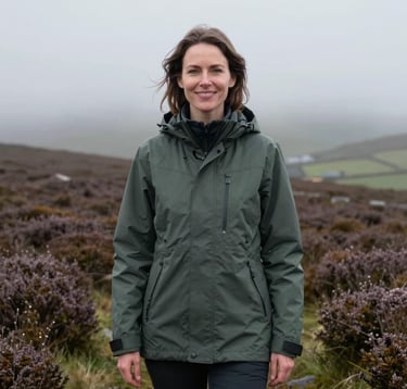 A portrait of a woman in her 30s with a warm smile, wearing a dark slate green weatherproof jacket. She is standing on a misty, heather-covered moorland in the Northern European / British / Yorkshire countryside. The style is modern, professional travel photography.