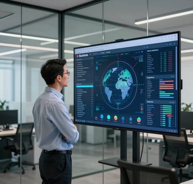 A professional logistics manager in a modern office with glass walls, looking at a digital logistics tracking map on a large screen, clean and sophisticated environment, Global Business.