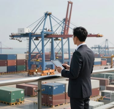 A professional business logistics expert standing on a balcony overlooking a busy shipping port with large blue cranes, holding a tablet and wearing a suit, representing Global Business reliability and modern technology.