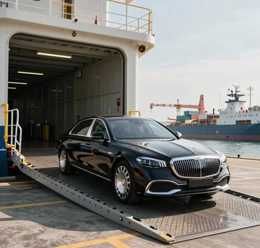 A clean, eye-level photograph of a luxury sedan being carefully driven onto a modern Ro-Ro ship ramp at a sunlit international port, reflecting a premium Global Business operation.