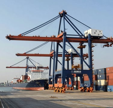 Modern logistics center at a port featuring dark blue and orange industrial equipment, with ships docked in the background under a clear sky, Global Business environment, premium aesthetic.