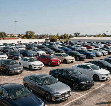 A professional, high-resolution photograph of an organized car auction lot in the United States, featuring rows of diverse modern vehicles under a clear sky, symbolizing the start of the international export journey in a Global Business context.