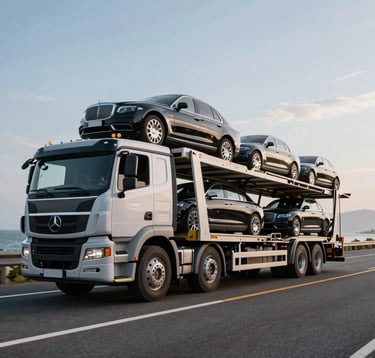 A sleek, modern photography of a heavy-duty hydraulic car carrier truck transporting luxury vehicles down a coastal highway, symbolizing the final delivery phase of the Global Business logistics process.
