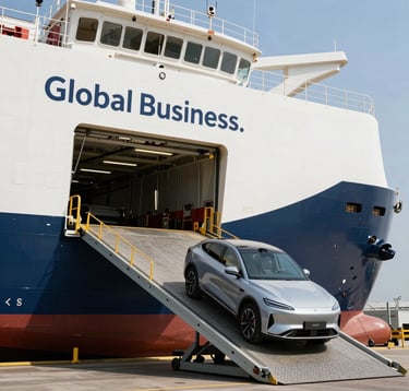 A modern car being driven up the loading ramp of a massive white and dark blue Ro-Ro cargo ship at a professional shipping terminal, bright sunny day, Global Business.