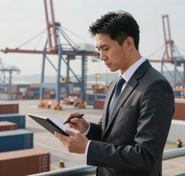 A professional logistics manager in smart attire reviewing digital manifests on a tablet in a busy, modern port terminal with cranes and containers in the background, Global Business style.