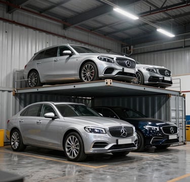 A crisp, detailed photograph of several high-end luxury vehicles secured inside a clean, modern shipping container, illuminated by professional overhead lighting in a Global Business logistics hub.