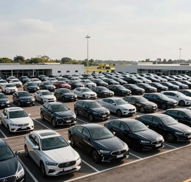 A vast outdoor parking lot filled with various modern cars at a professional vehicle auction facility, organized rows under a bright sky, high-quality photography, Global Business.