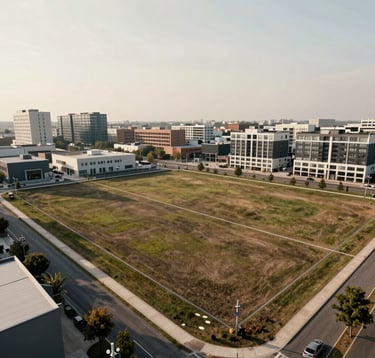 A clean, high-angle photograph of a level land parcel in an urban setting. The boundaries are clearly marked, and the surrounding infrastructure shows modern residential and retail buildings under a soft off-white sky.