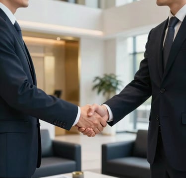 Two professional business partners in formal attire shaking hands in a bright, modern lobby with muted gold accents and deep navy furniture, symbolizing trust and successful investment agreements.