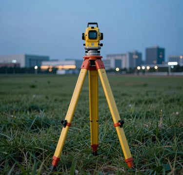 A clean, minimalist photographic shot of a surveyor’s equipment standing on a grassy land plot during the blue hour. The background shows the distant, soft lights of a modern commercial district. The mood is one of precision, readiness, and investment potential.