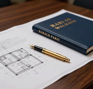 A sophisticated close-up of a high-end boardroom table featuring architectural blueprints and bound legal folders. A sophisticated gold fountain pen rests on top of the documents. The lighting is focused and professional, highlighting textures of paper and wood in deep navy and gold tones.
