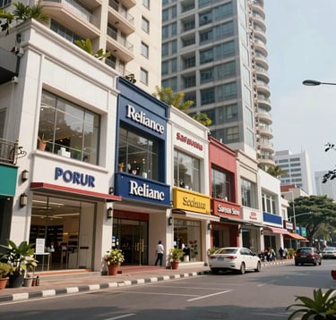 A wide-angle shot of a premium commercial district near Porur, featuring upscale retail storefronts like Reliance and Saravana Stores. The scene is bright and professional, highlighting a vibrant lifestyle ecosystem.