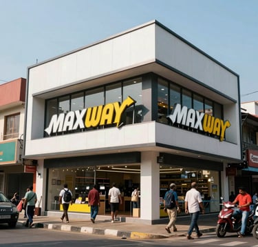 A vibrant, high-end street photography shot of the Porur retail district, showing a modern storefront like Max or Subway with clean architectural lines. The scene is bright and bustling, indicating high commercial activity, under a clear sky.
