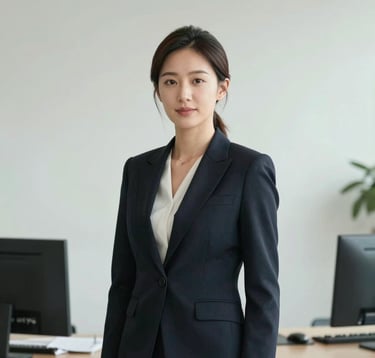 A professional portrait of a female executive in an East Asian business setting. She is wearing a dark, sophisticated blazer. The composition is a medium shot with a minimalist modern office background in soft light mint and off-white tones. The lighting is clean and professional, emphasizing an air of reliability and innovation.