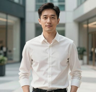 A portrait of a male business leader in an East Asian city. He is dressed in business casual attire, standing in a brightly lit, high-end commercial environment. The style is professional photography with natural lighting, using a color palette of off-white and medium teal for a sophisticated look.