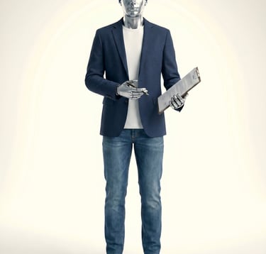 A silver humanoid robot wearing a blue blazer and jeans holding a clipboard and pen for AI business automation.