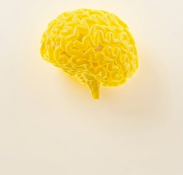 A 3D model of a bright yellow human brain centered on a neutral beige background representing mental health and cognitive