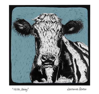 Open edition coloured giclee print of a clay tile featuring a cow