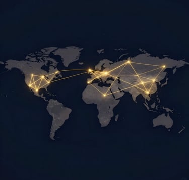 An abstract, modern graphic representing global connection, featuring golden #D8B863 glowing lines tracing paths across a dark navy #0D131C world map. The lighting is subtle and atmospheric, suggesting a spiritual movement reaching deep into nations.