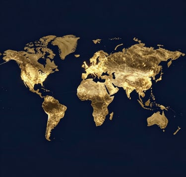 A high-end, cinematic visualization of a global map rendered in glowing gold lines (#D8B863) against a deep navy background (#0D131C). Light pulses move across the continents, symbolizing a global movement of faith.