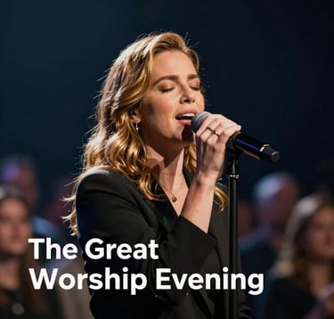 A high-end, close-up shot of a singer during 'The Great Worship Evening' bathed in golden stage light, with a deep navy background and soft bokeh of the crowd, conveying spiritual intensity and cinematic beauty.