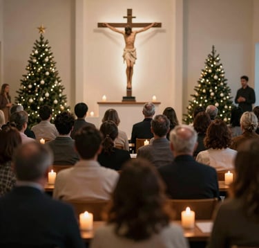 A spiritually powerful scene of a Christmas evening service, with warm candlelight, modern minimal decor, and a community gathered in unity, reflecting deep peace and divine acceptance in Christ.