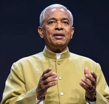 A cinematic portrait of a spiritual leader (Pastor Comrade Bob Alleluia) speaking with authority. High-contrast lighting with golden highlights (#D8B863) on a dark, professional studio background (#0D131C).