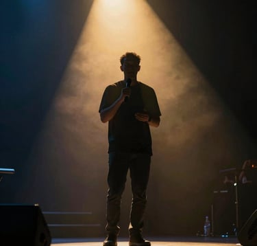 A powerful image of a speaker on stage from a low angle, silhouetted against a brilliant golden light source #D8B863. The atmosphere is filled with a subtle haze or smoke, characteristic of modern high-end worship environments. Dark navy #0D131C palette.