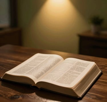 A powerful, close-up image of an open Bible on a dark wood table, illuminated by a warm golden spotlight (#D8B863). The focus is sharp on the text, suggesting depth and spiritual truth, set against a modern, minimal ministry interior.