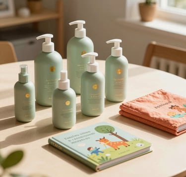 A high-end editorial photograph of sustainably packaged kids hygiene products and educational storybooks arranged neatly on a warm beige table in North American / Global Multicultural setting. Bright, natural sunshine highlights soft sage green bottles, refined gold details, and cheerful coral fabric accents in an organized aesthetic.