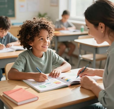 A bright, joyful eye-level photograph of a smiling child and educator reviewing colorful interactive activity workbooks in a bright classroom in North American / Global Multicultural setting. On the natural wood desk are soft sage green and coral study items under warm, natural morning light, creating an uplifting, premium educational feel.