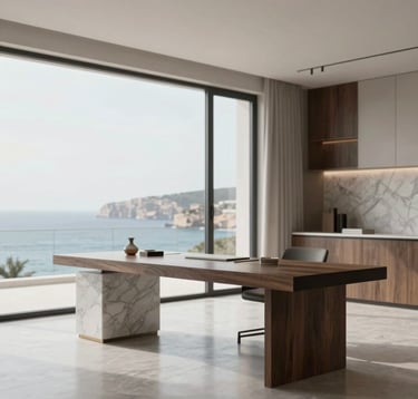 A minimalist workspace inside a luxury property with a view of the Faro coastline. High-end materials like marble and dark wood, reflecting a premium real estate lifestyle. Composition is spacious and airy, using tones of #4A6D7C.
