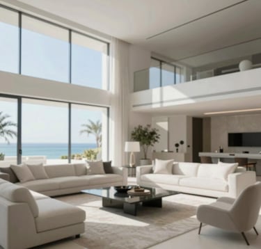 Interior detail of a contemporary luxury villa living room in Algarve, featuring floor-to-ceiling windows and high-end furniture. The design is minimalist and sophisticated. Colors: #B4C5CB and clean whites.