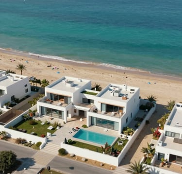 An aerial view of a modern beachfront villa in the Algarve with turquoise water in the background, showcasing the premium real estate locations the company manages, using clean lines and a high-end aesthetic.