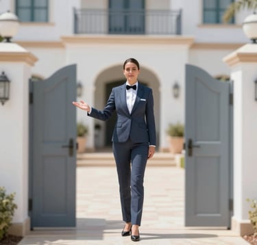 A professional property manager in elegant attire welcoming guests at a luxury villa gate in Algarve. Bright, airy composition, emphasizing trustworthiness and premium service. Palette focus: #F7F9FB and #4A6D7C.