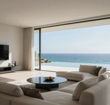 Interior view of a modern living room with large glass panels showing the Algarve coast, minimalist decor with luxury textures, bright natural lighting, #F7F9FB backgrounds.