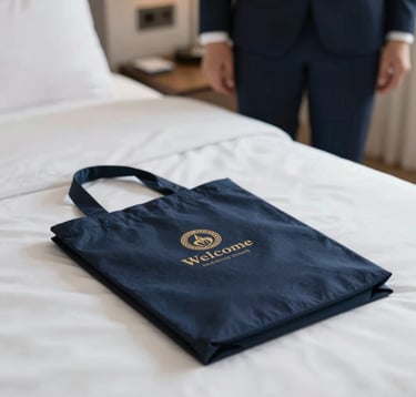 Professional hospitality detail: a perfectly made bed with crisp white linens and a local welcome gift, shot in soft natural daylight, emphasizing the premium property management service and brand mood.