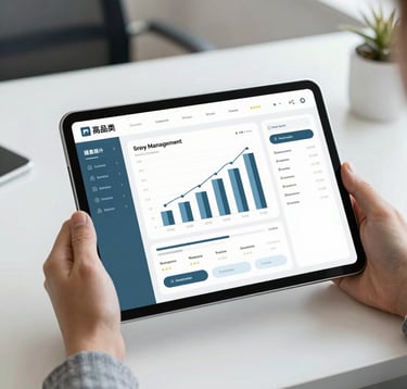 A sophisticated tablet display showing a property management dashboard with rising revenue graphs and high ratings, held by a professional in a minimalist office setting with colors #4A6D7C and #F7F9FB.