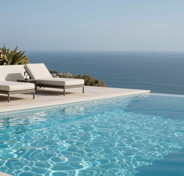 Close-up of a high-end infinity pool edge merging with the horizon of the Algarve coast, luxurious outdoor lounge furniture nearby, high-contrast lighting emphasizing premium materials, #4A6D7C blue tones.